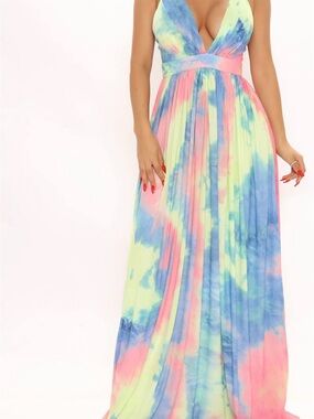 Flowing Tie-Dye Maxi Dress in Pastel Pink, Blue & Yellow